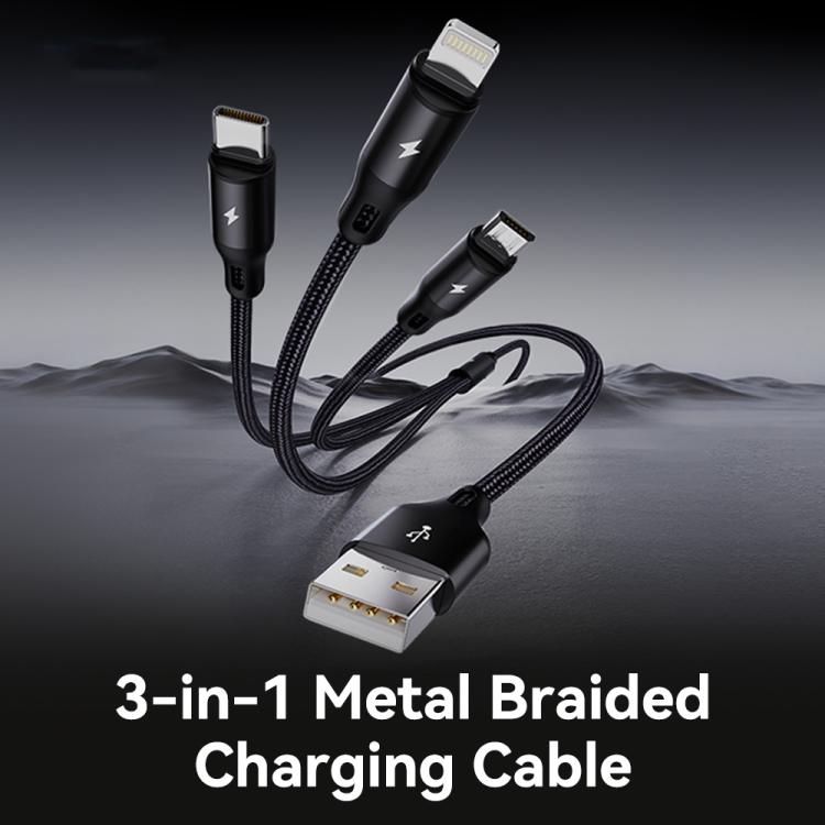 ROCK RCB0790 1.2m 3-in-1 USB to 8 Pin + Type-C + Micro USB Metal Braided Charging Cable - Black