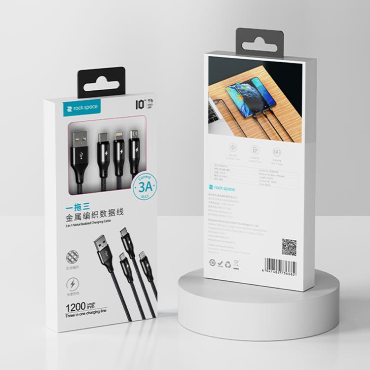 ROCK RCB0790 1.2m 3-in-1 USB to 8 Pin + Type-C + Micro USB Metal Braided Charging Cable - Black