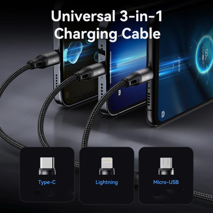 ROCK RCB0790 1.2m 3-in-1 USB to 8 Pin + Type-C + Micro USB Metal Braided Charging Cable - Black