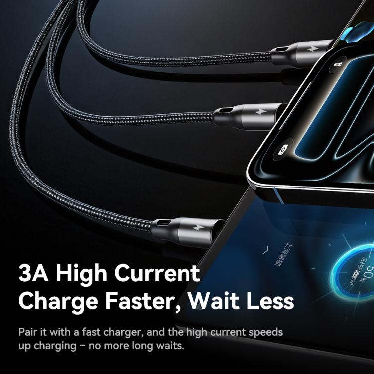 ROCK RCB0790 1.2m 3-in-1 USB to 8 Pin + Type-C + Micro USB Metal Braided Charging Cable - Black