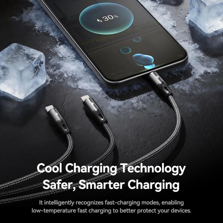ROCK RCB0790 1.2m 3-in-1 USB to 8 Pin + Type-C + Micro USB Metal Braided Charging Cable - Black