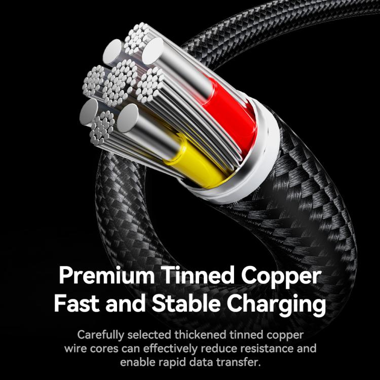 ROCK RCB0790 1.2m 3-in-1 USB to 8 Pin + Type-C + Micro USB Metal Braided Charging Cable - Black
