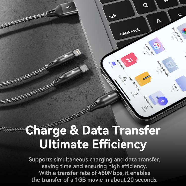 ROCK RCB0790 1.2m 3-in-1 USB to 8 Pin + Type-C + Micro USB Metal Braided Charging Cable - Black