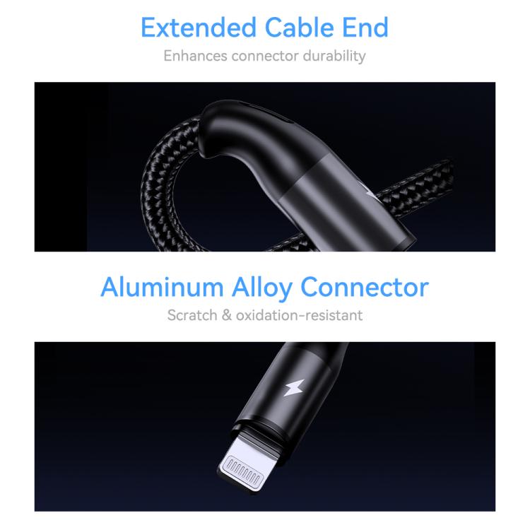 ROCK RCB0790 1.2m 3-in-1 USB to 8 Pin + Type-C + Micro USB Metal Braided Charging Cable - Black