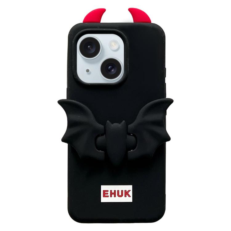 For iPhone 15 Plus Bat Holder Silicone Phone Case - Black