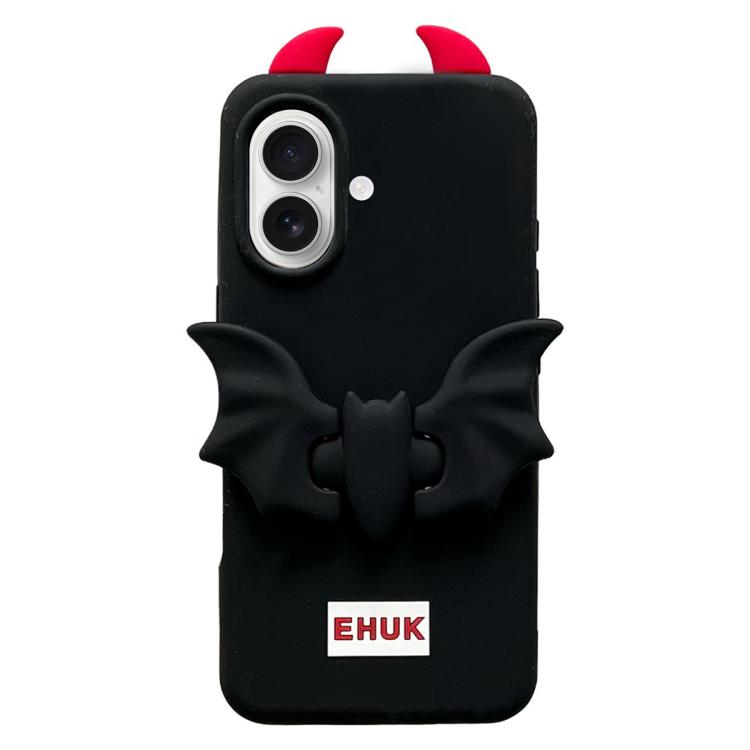 For iPhone 16 Plus Bat Holder Silicone Phone Case - Black