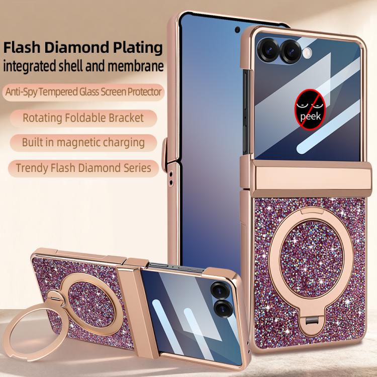 For Samsung Galaxy Z Flip7 5G VIETAO Flash Diamond Privacy Tempered Glass Integrated Magnetic Bracket Phone Case