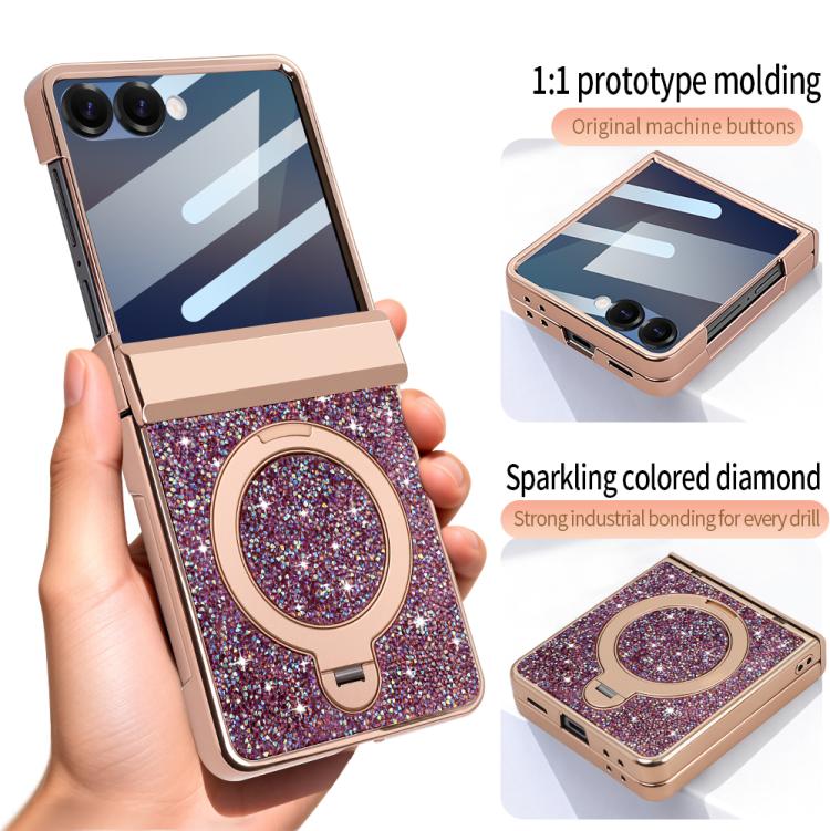 For Samsung Galaxy Z Flip7 5G VIETAO Flash Diamond Privacy Tempered Glass Integrated Magnetic Bracket Phone Case