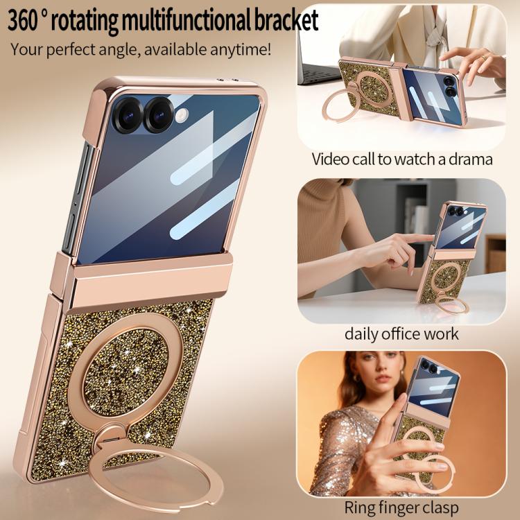 For Samsung Galaxy Z Flip7 5G VIETAO Flash Diamond Privacy Tempered Glass Integrated Magnetic Bracket Phone Case