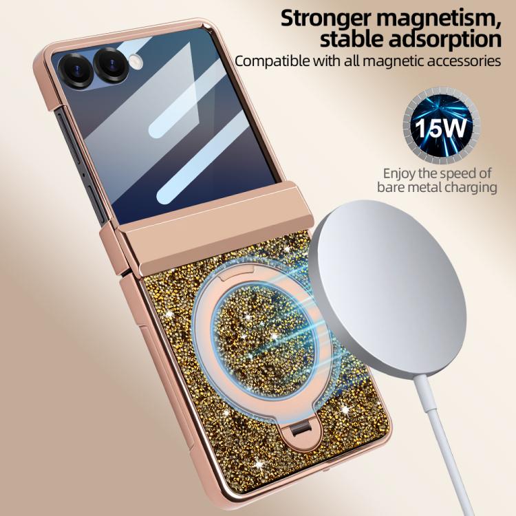 For Samsung Galaxy Z Flip7 5G VIETAO Flash Diamond Privacy Tempered Glass Integrated Magnetic Bracket Phone Case