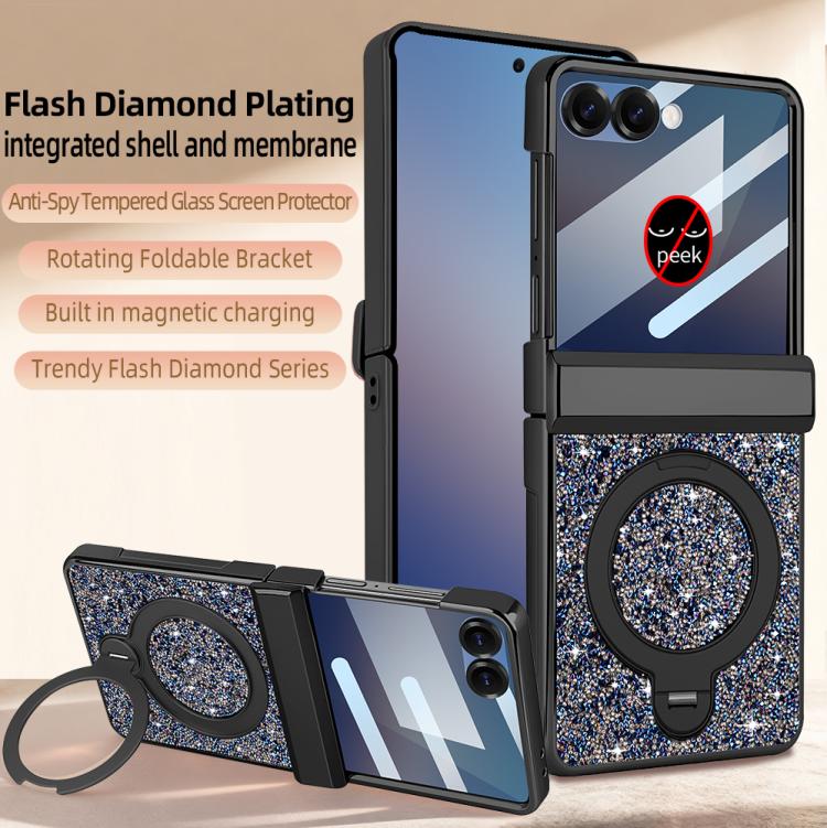 For Samsung Galaxy Z Flip7 5G VIETAO Flash Diamond Privacy Tempered Glass Integrated Magnetic Bracket Phone Case