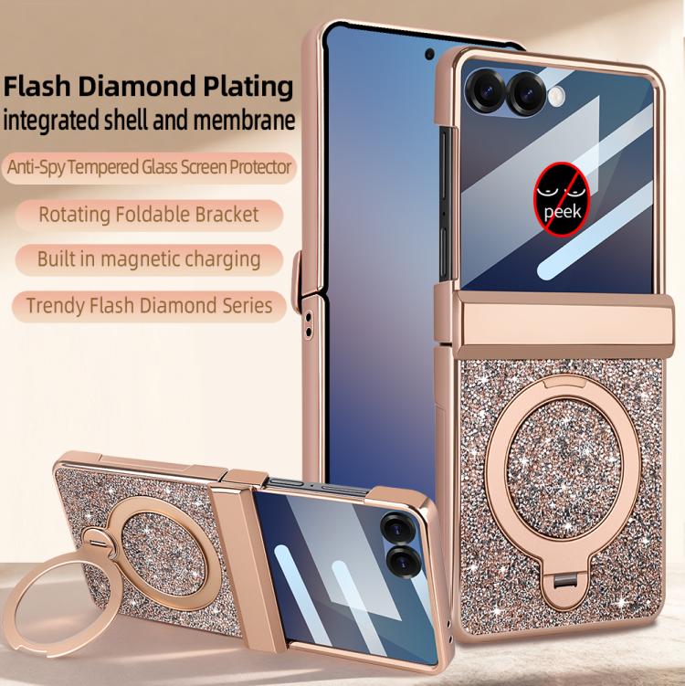 For Samsung Galaxy Z Flip7 5G VIETAO Flash Diamond Privacy Tempered Glass Integrated Magnetic Bracket Phone Case