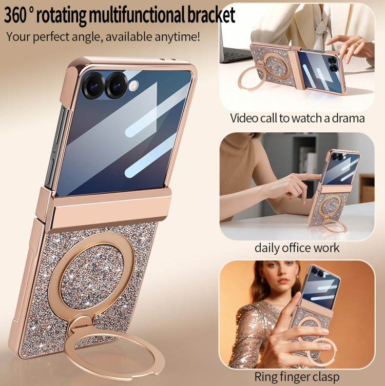 For Samsung Galaxy Z Flip7 5G VIETAO Flash Diamond Privacy Tempered Glass Integrated Magnetic Bracket Phone Case