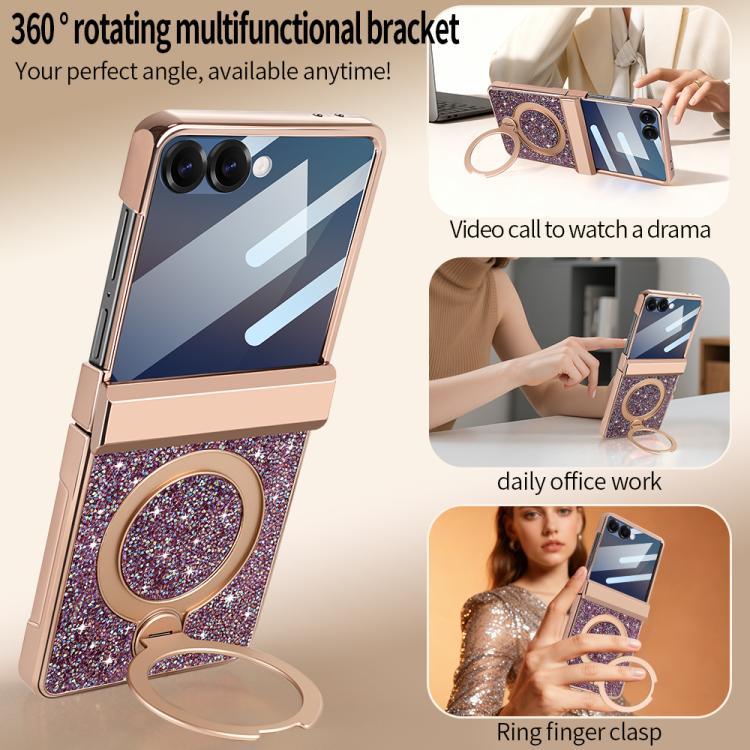 For Samsung Galaxy Z Flip6 5G VIETAO Flash Diamond Privacy Tempered Glass Integrated Magnetic Bracket Phone Case