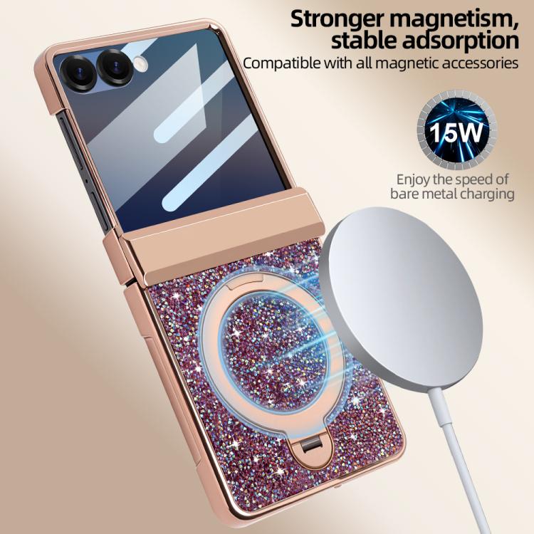 For Samsung Galaxy Z Flip6 5G VIETAO Flash Diamond Privacy Tempered Glass Integrated Magnetic Bracket Phone Case