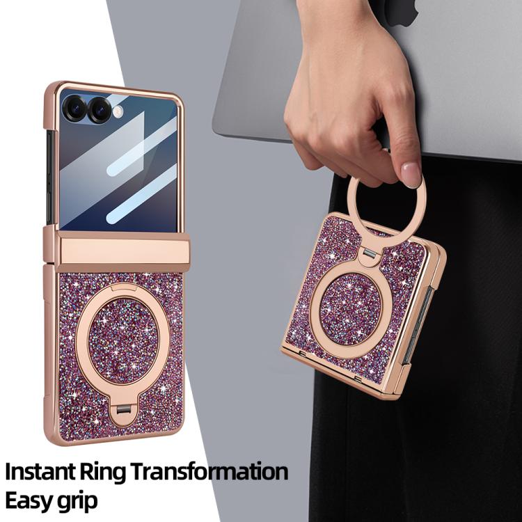 For Samsung Galaxy Z Flip6 5G VIETAO Flash Diamond Privacy Tempered Glass Integrated Magnetic Bracket Phone Case