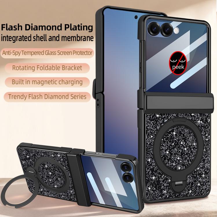 For Samsung Galaxy Z Flip6 5G VIETAO Flash Diamond Privacy Tempered Glass Integrated Magnetic Bracket Phone Case