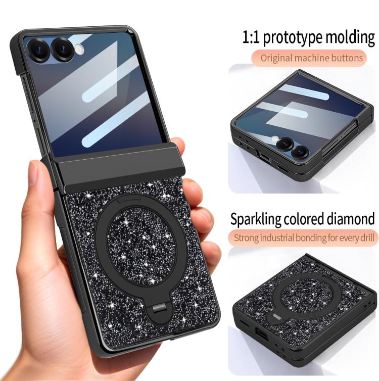 For Samsung Galaxy Z Flip6 5G VIETAO Flash Diamond Privacy Tempered Glass Integrated Magnetic Bracket Phone Case