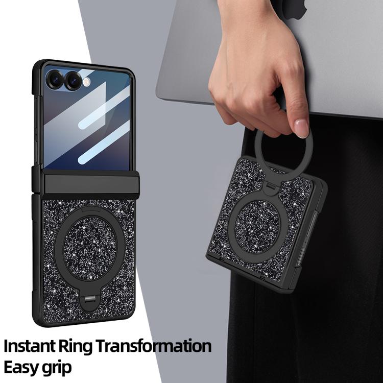 For Samsung Galaxy Z Flip6 5G VIETAO Flash Diamond Privacy Tempered Glass Integrated Magnetic Bracket Phone Case