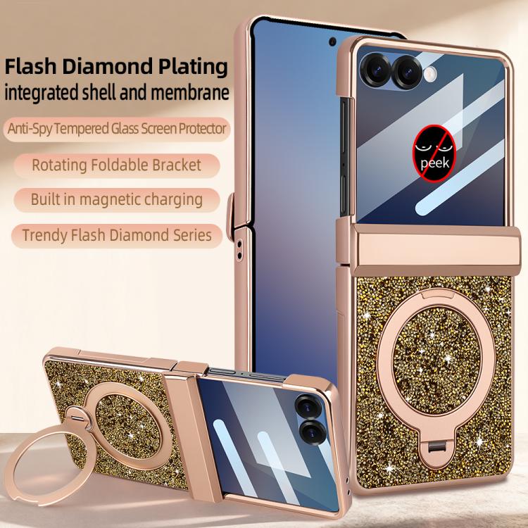 For Samsung Galaxy Z Flip6 5G VIETAO Flash Diamond Privacy Tempered Glass Integrated Magnetic Bracket Phone Case