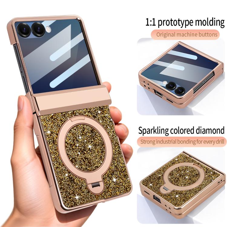 For Samsung Galaxy Z Flip6 5G VIETAO Flash Diamond Privacy Tempered Glass Integrated Magnetic Bracket Phone Case