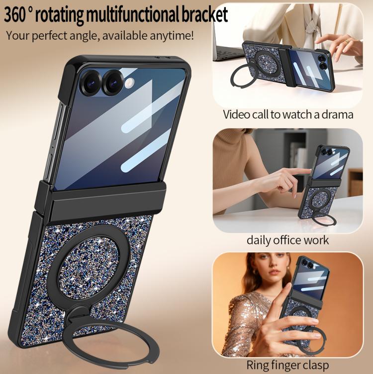 For Samsung Galaxy Z Flip6 5G VIETAO Flash Diamond Privacy Tempered Glass Integrated Magnetic Bracket Phone Case
