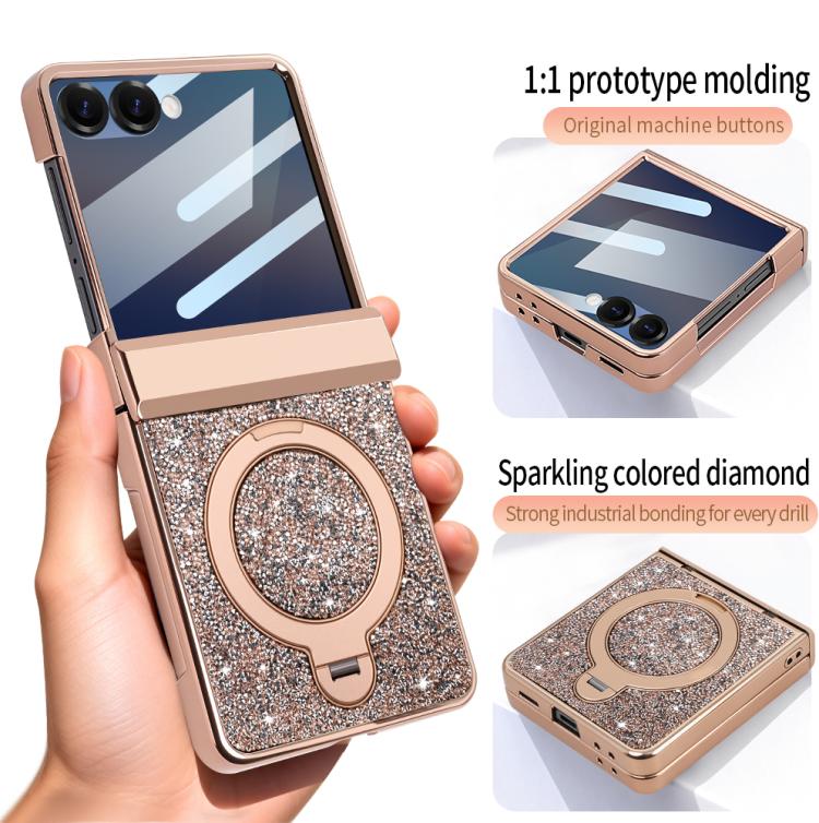 For Samsung Galaxy Z Flip6 5G VIETAO Flash Diamond Privacy Tempered Glass Integrated Magnetic Bracket Phone Case