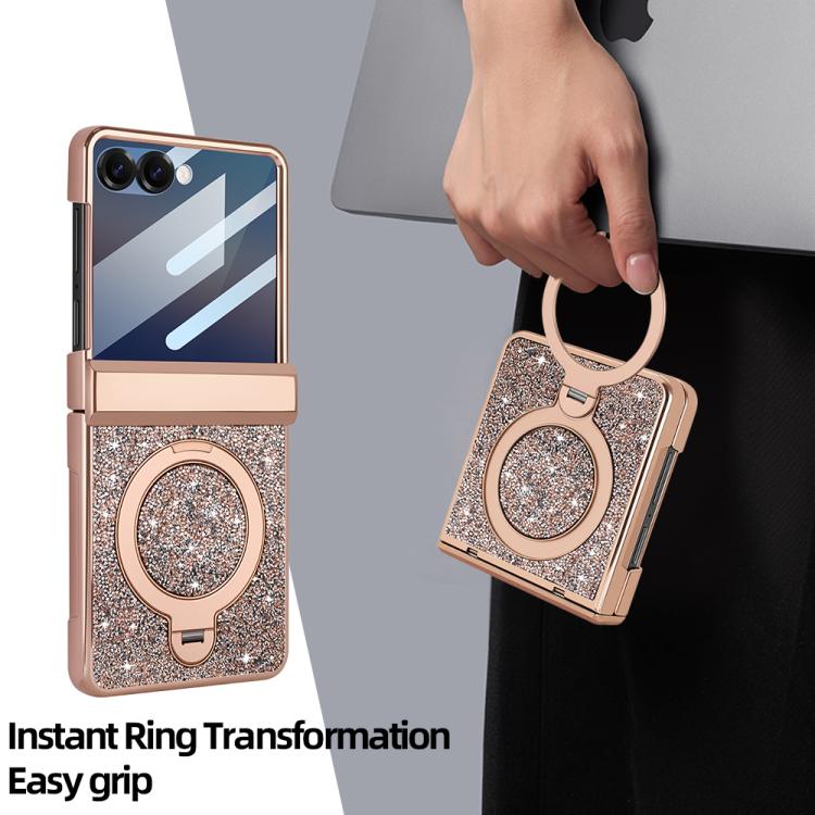 For Samsung Galaxy Z Flip6 5G VIETAO Flash Diamond Privacy Tempered Glass Integrated Magnetic Bracket Phone Case