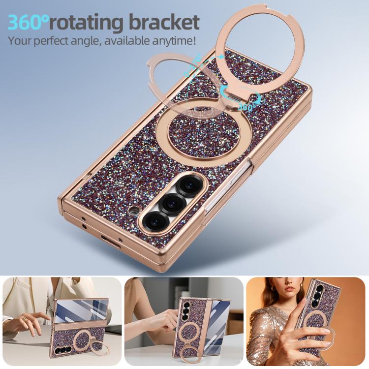 For Samsung Galaxy Z Fold7 5G VIETAO Flash Diamond Privacy Tempered Glass Integrated Magnetic Bracket Phone Case