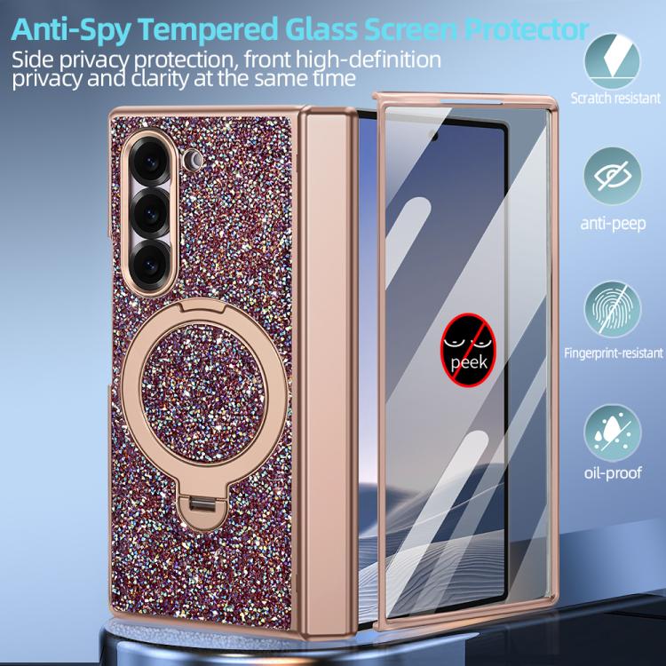 For Samsung Galaxy Z Fold6 5G VIETAO Flash Diamond Privacy Tempered Glass Integrated Magnetic Bracket Phone Case