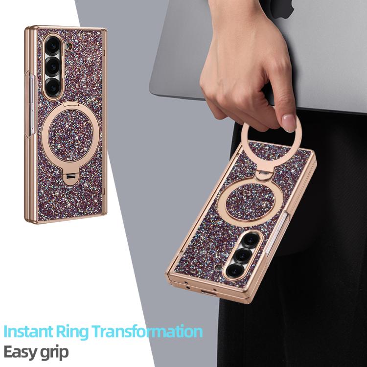 For Samsung Galaxy Z Fold6 5G VIETAO Flash Diamond Privacy Tempered Glass Integrated Magnetic Bracket Phone Case