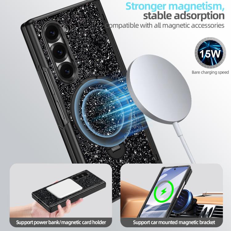 For Samsung Galaxy Z Fold6 5G VIETAO Flash Diamond Privacy Tempered Glass Integrated Magnetic Bracket Phone Case