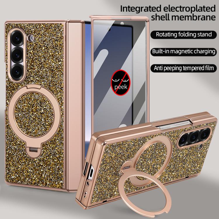 For Samsung Galaxy Z Fold6 5G VIETAO Flash Diamond Privacy Tempered Glass Integrated Magnetic Bracket Phone Case