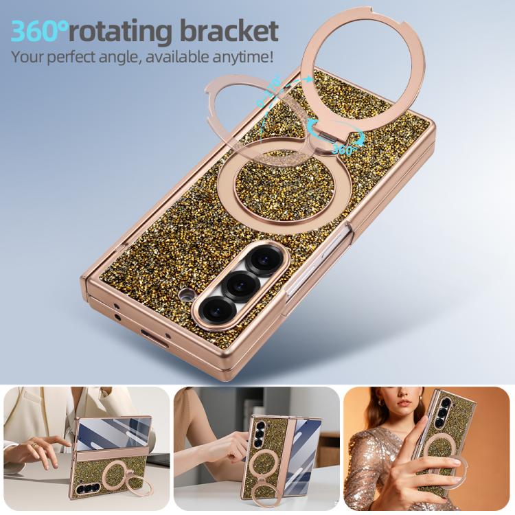 For Samsung Galaxy Z Fold6 5G VIETAO Flash Diamond Privacy Tempered Glass Integrated Magnetic Bracket Phone Case