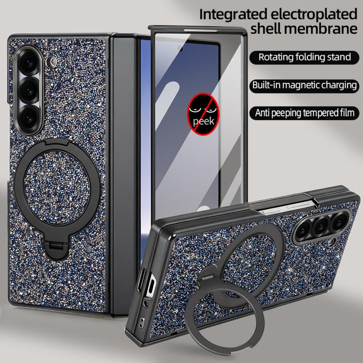 For Samsung Galaxy Z Fold6 5G VIETAO Flash Diamond Privacy Tempered Glass Integrated Magnetic Bracket Phone Case