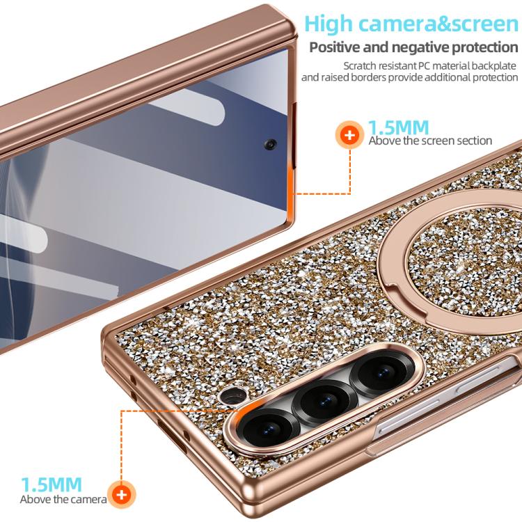 For Samsung Galaxy Z Fold6 5G VIETAO Flash Diamond Privacy Tempered Glass Integrated Magnetic Bracket Phone Case