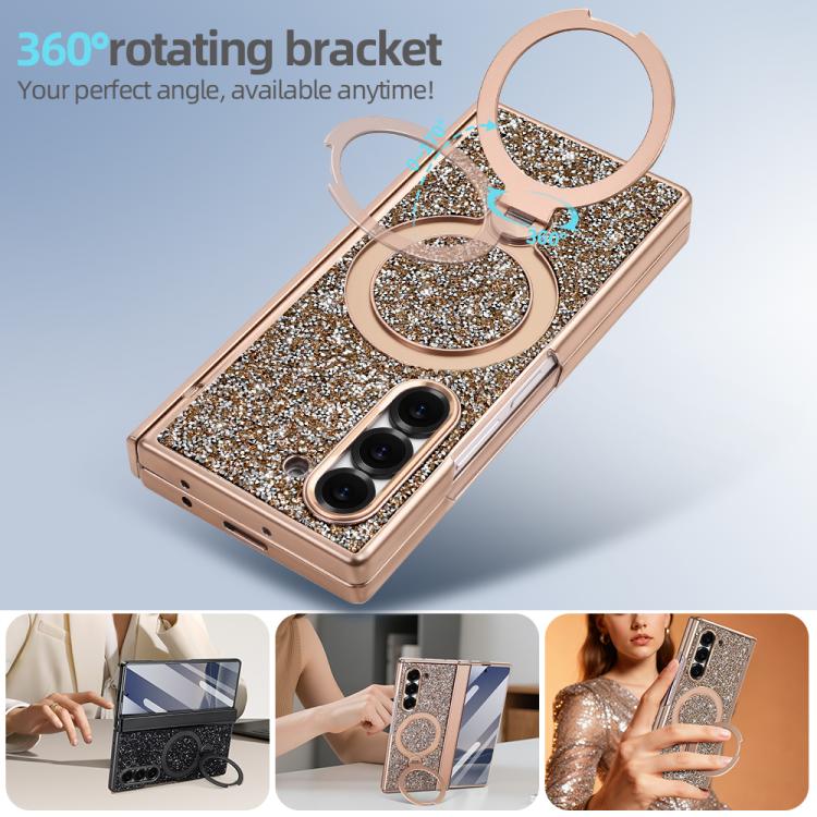 For Samsung Galaxy Z Fold6 5G VIETAO Flash Diamond Privacy Tempered Glass Integrated Magnetic Bracket Phone Case