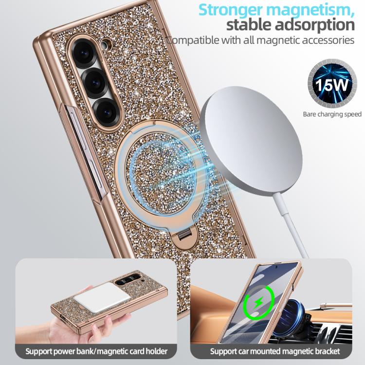 For Samsung Galaxy Z Fold6 5G VIETAO Flash Diamond Privacy Tempered Glass Integrated Magnetic Bracket Phone Case