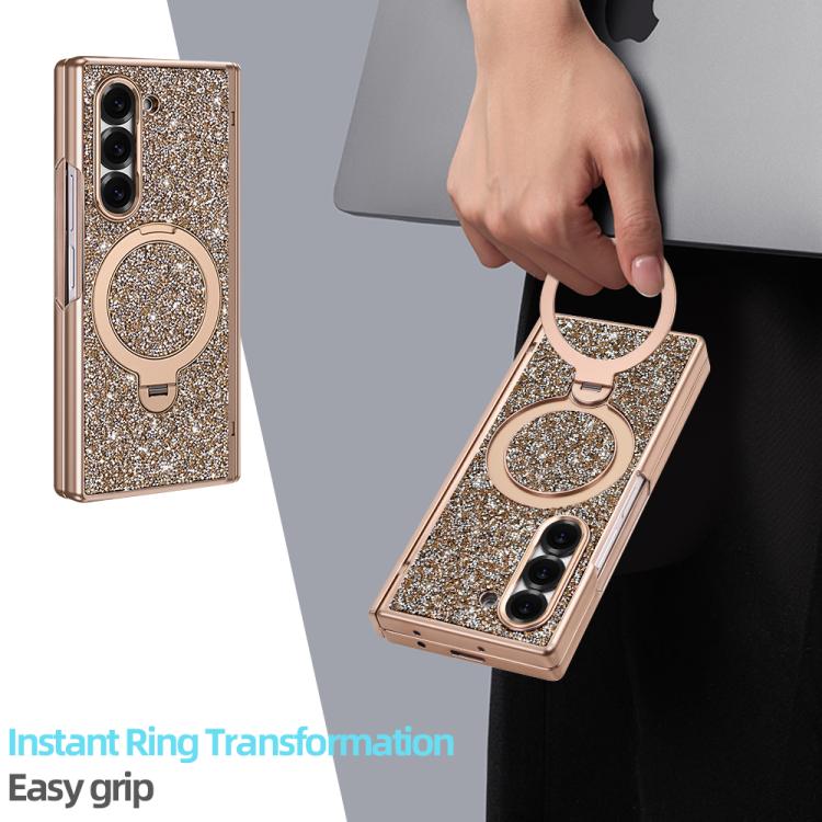 For Samsung Galaxy Z Fold6 5G VIETAO Flash Diamond Privacy Tempered Glass Integrated Magnetic Bracket Phone Case