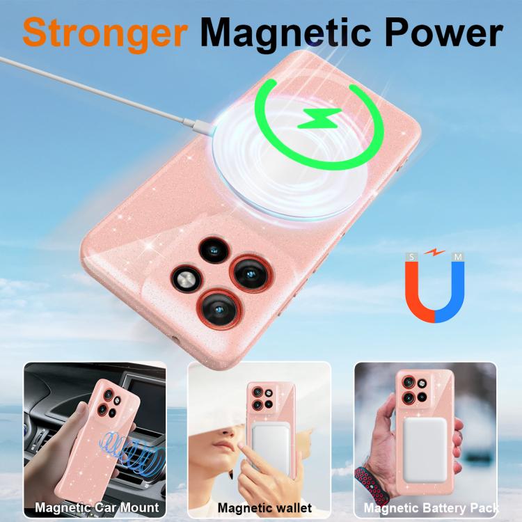 For Motorola Edge 60 Neo / 50 Neo 5G Fine Hole Glossy Glitter Magnetic TPU Phone Case with Same Color Hand Strap
