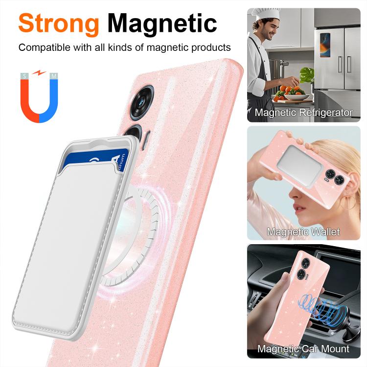 For Motorola Edge 50 Fusion / Moto G96 5G Fine Hole Glossy Glitter Magnetic TPU Phone Case with Same Color Hand Strap