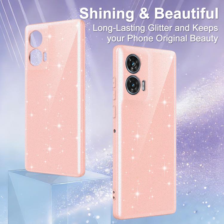 For Motorola Edge 50 Fusion / Moto G96 5G Fine Hole Glossy Glitter Magnetic TPU Phone Case with Same Color Hand Strap