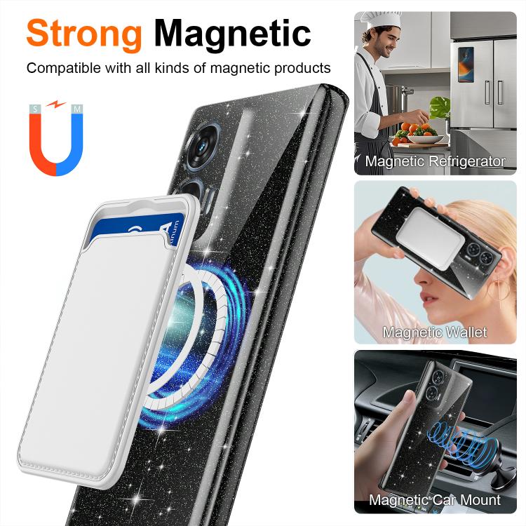 For Motorola Edge 50 Fusion / Moto G96 5G Fine Hole Glossy Glitter Magnetic TPU Phone Case with Same Color Hand Strap