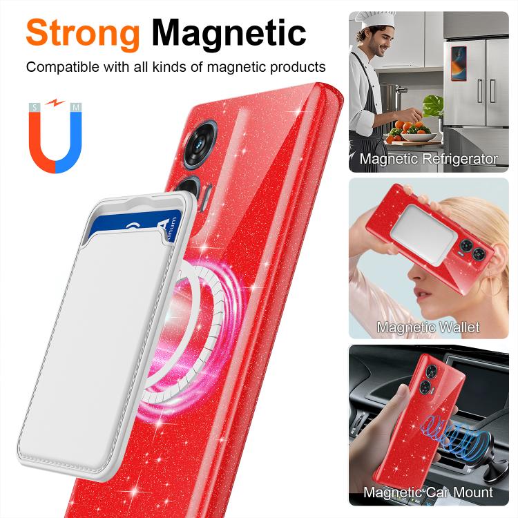 For Motorola Edge 50 Fusion / Moto G96 5G Fine Hole Glossy Glitter Magnetic TPU Phone Case with Same Color Hand Strap