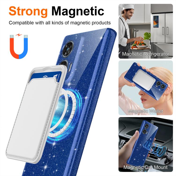 For Motorola Edge 50 Fusion / Moto G96 5G Fine Hole Glossy Glitter Magnetic TPU Phone Case with Same Color Hand Strap