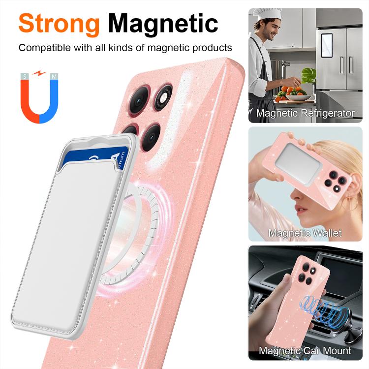 For Motorola G17 / G17 Power 4G / G15 4G Fine Hole Glossy Glitter Magnetic TPU Phone Case with Same Color Hand Strap