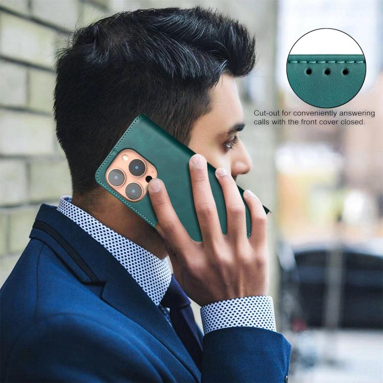 For iPhone 13 Pro Max Solid Color Calfskin Texture RFID Vegan Leather Phone Case