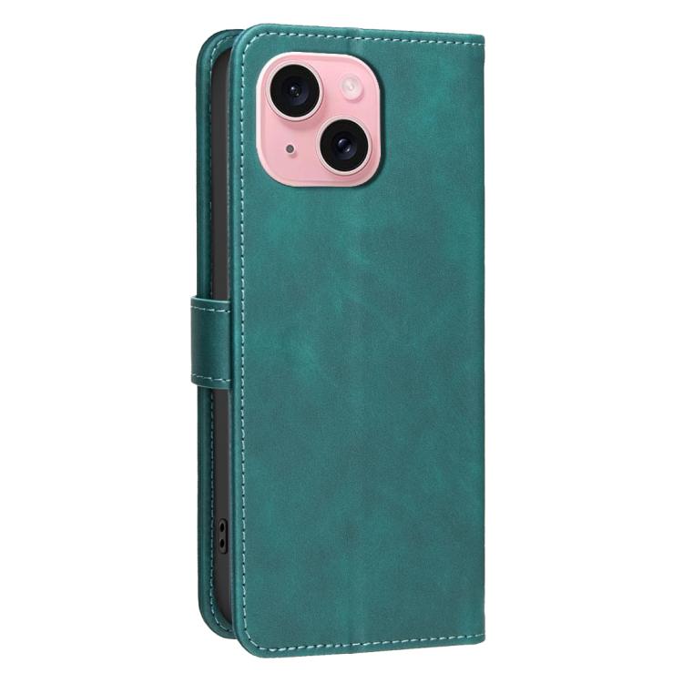 For iPhone 14 Plus / 15 Plus Solid Color Calfskin Texture RFID Vegan Leather Phone Case