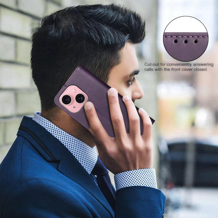 For iPhone 15 Solid Color Calfskin Texture RFID Vegan Leather Phone Case