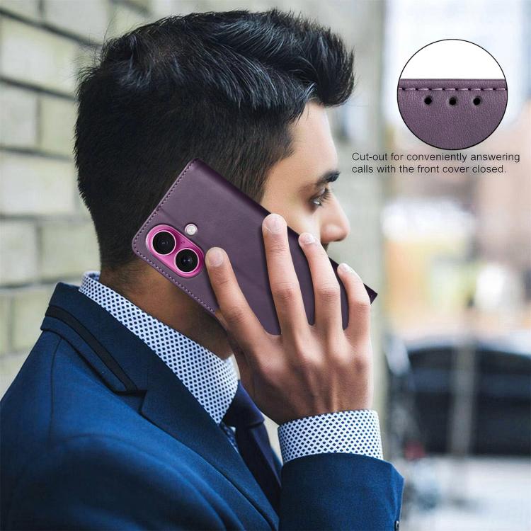 For iPhone 16 Plus Solid Color Calfskin Texture RFID Vegan Leather Phone Case